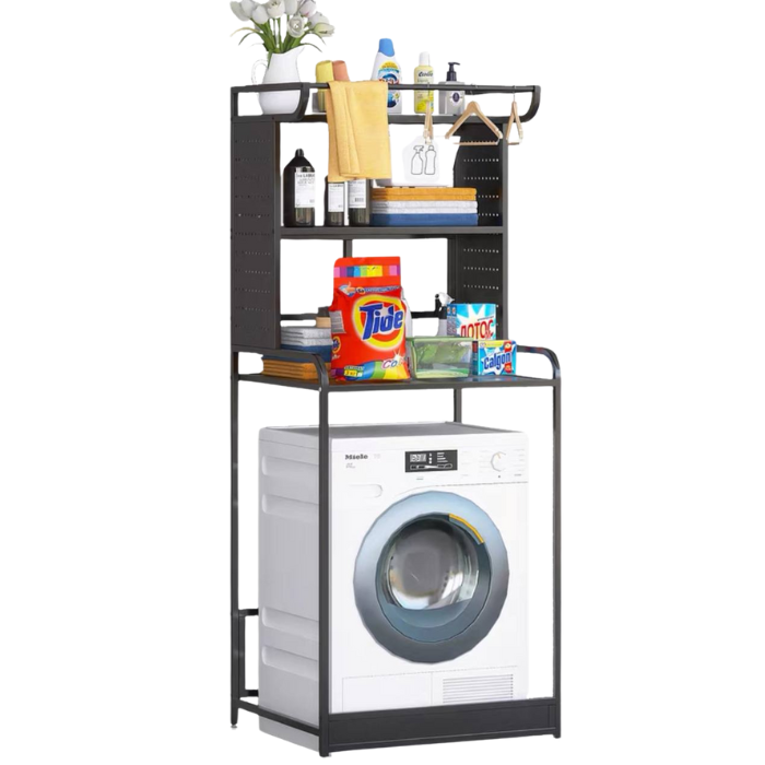 Washing machine rack with pegboard side storage / service yard shelf