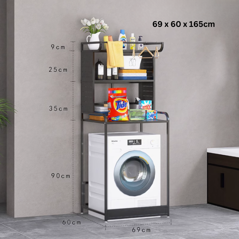 Washing machine rack with pegboard side storage / service yard shelf