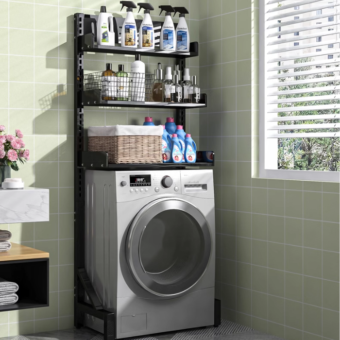 3-Tier Height Adjustable shelf rack for washing machine and dryer / bathroom service yard storage organiser rack