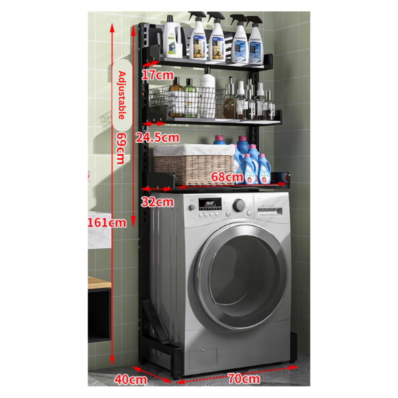 3-Tier Height Adjustable shelf rack for washing machine and dryer / bathroom service yard storage organiser rack