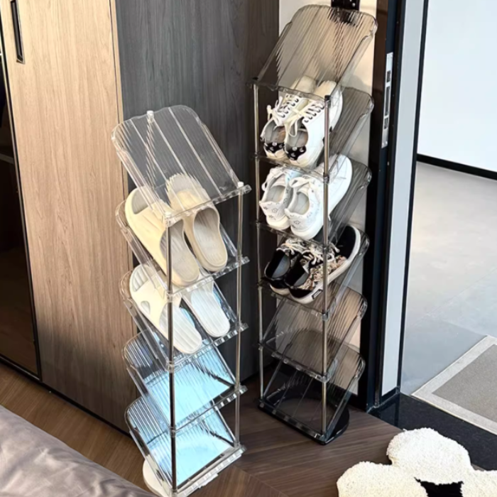 Sleek grey narrow slim acrylic shoe rack