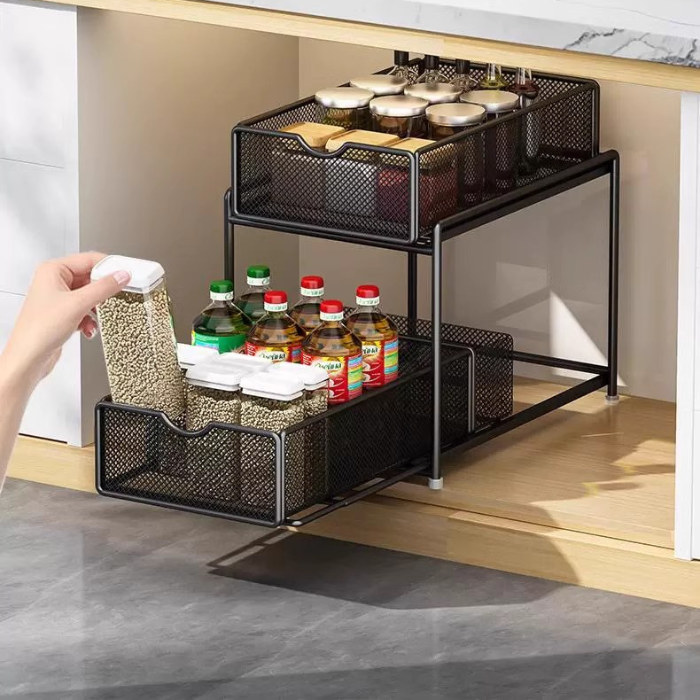 Mesh sliding under sink cabinet rack