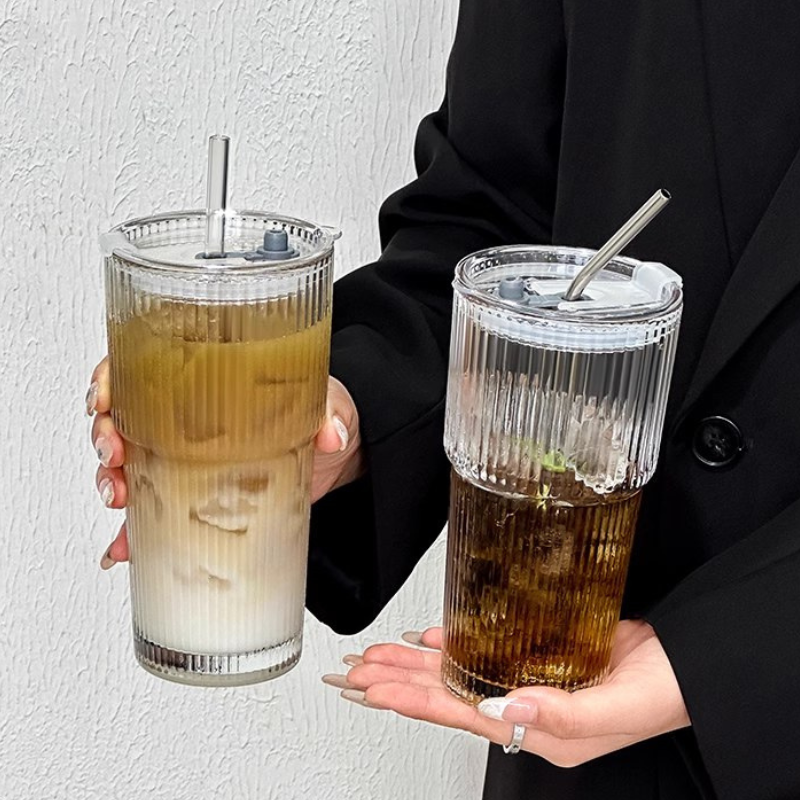 Glass Cup with Straw and lid, minimalist design