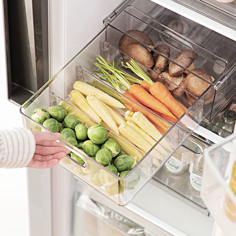 Aesthetic Kitchen Storage Box for Under-Sink, Pantry & Countertop Organization – Stackable Clear Refrigerator Storage Drawer – Fridge Organizer with Pull-Out Drawer