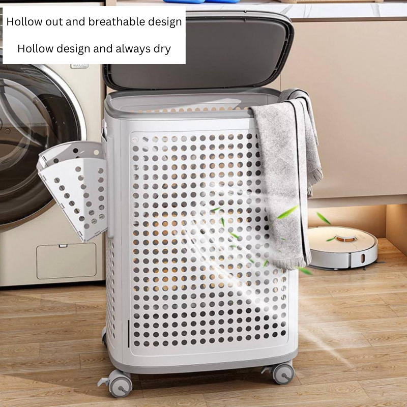 Ventilated Laundry Basket Organizer with Lid & side compartments, with Wheels for Delicates, Bedroom & Laundry Room