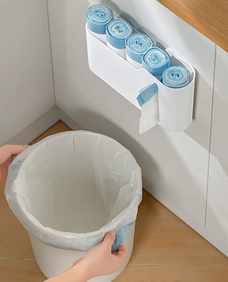 Trash Bag Organizer & Dispenser – Space-Saving Plastic Bag Roll Holder for Kitchen Cabinets, Self-Adhesive Storage Box with Easy-Pull Side Opening