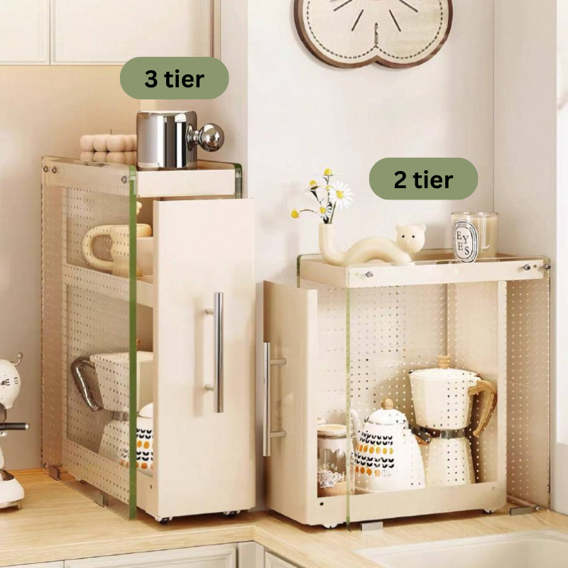 Minimalist Kitchen Countertop Sliding Drawer Cabinet pantry – Organizer with Pull-Out Drawers – Space-Saving Storage Rack for Spices, Coffee Pods, Utensils – Sturdy Metal Frame 