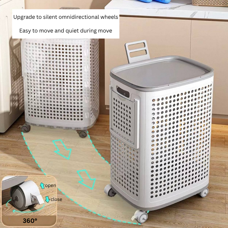Ventilated Laundry Basket Organizer with Lid & side compartments, with Wheels for Delicates, Bedroom & Laundry Room