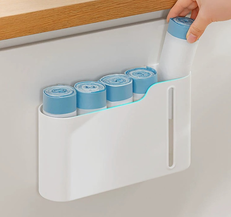 Trash Bag Organizer & Dispenser – Space-Saving Plastic Bag Roll Holder for Kitchen Cabinets, Self-Adhesive Storage Box with Easy-Pull Side Opening