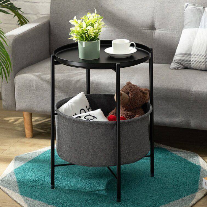 Marble Series Side Coffee Table with Grey Basket