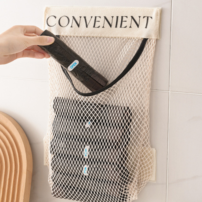 Kitchen Garbage Bag Organizer with Ample Storage Capacity, High-Quality Plastic Bag Holder, and Innovative Magic Tape Mesh Pocket