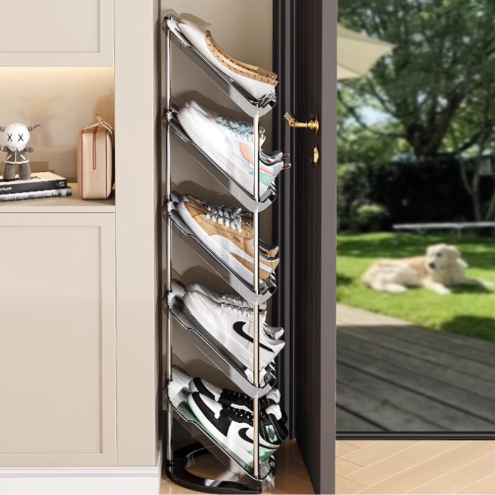 Sleek grey narrow slim acrylic shoe rack