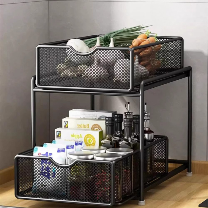 Mesh sliding under sink cabinet rack