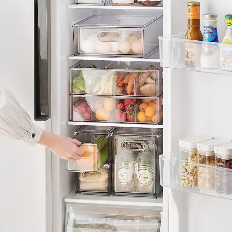 Aesthetic Kitchen Storage Box for Under-Sink, Pantry & Countertop Organization – Stackable Clear Refrigerator Storage Drawer – Fridge Organizer with Pull-Out Drawer