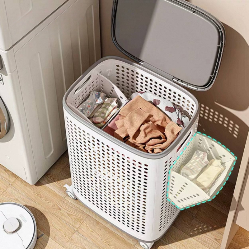Ventilated Laundry Basket Organizer with Lid & side compartments, with Wheels for Delicates, Bedroom & Laundry Room