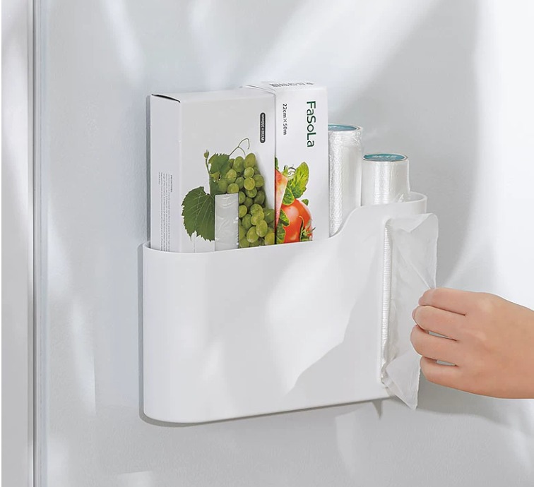 Trash Bag Organizer & Dispenser – Space-Saving Plastic Bag Roll Holder for Kitchen Cabinets, Self-Adhesive Storage Box with Easy-Pull Side Opening