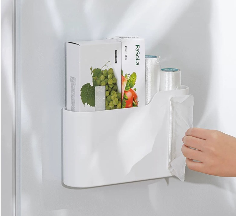Trash Bag Organizer & Dispenser – Space-Saving Plastic Bag Roll Holder for Kitchen Cabinets, Self-Adhesive Storage Box with Easy-Pull Side Opening