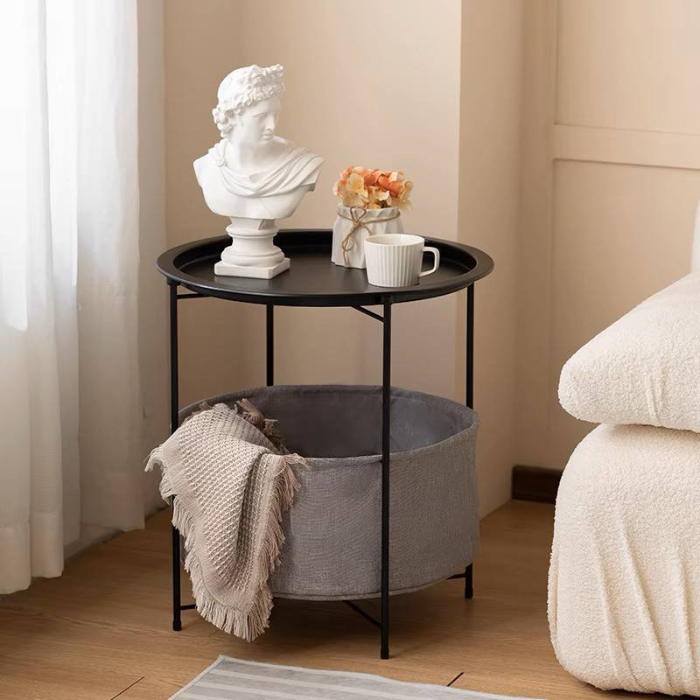 Marble Series Side Coffee Table with Grey Basket