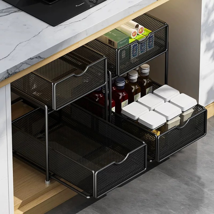 Mesh sliding under sink cabinet rack