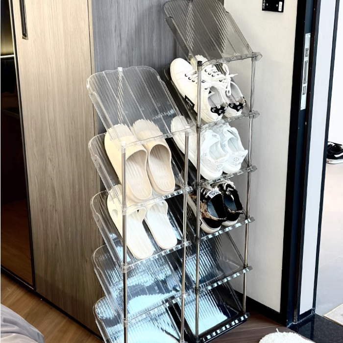 Sleek grey narrow slim acrylic shoe rack