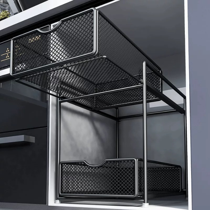 Mesh sliding under sink cabinet rack