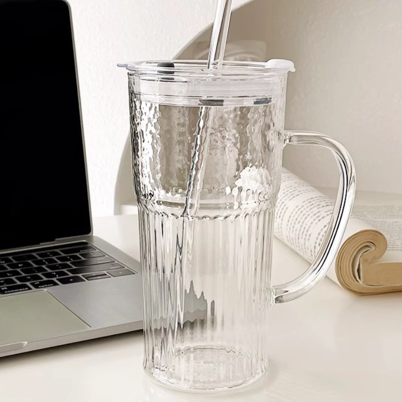 Glass Cup with Straw and lid, minimalist design