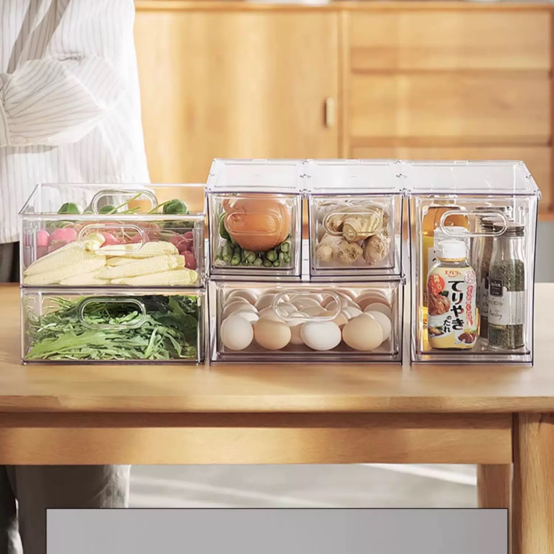 Aesthetic Kitchen Storage Box for Under-Sink, Pantry & Countertop Organization – Stackable Clear Refrigerator Storage Drawer – Fridge Organizer with Pull-Out Drawer