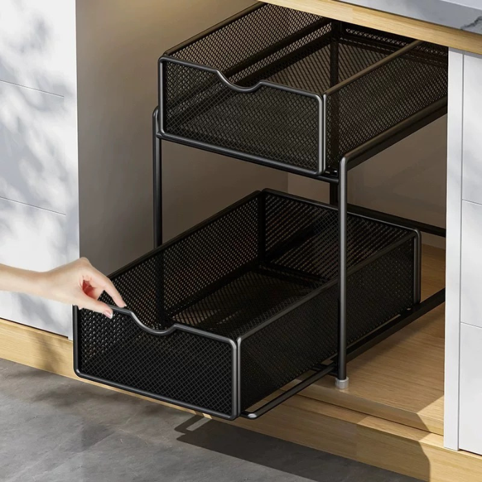 Mesh sliding under sink cabinet rack