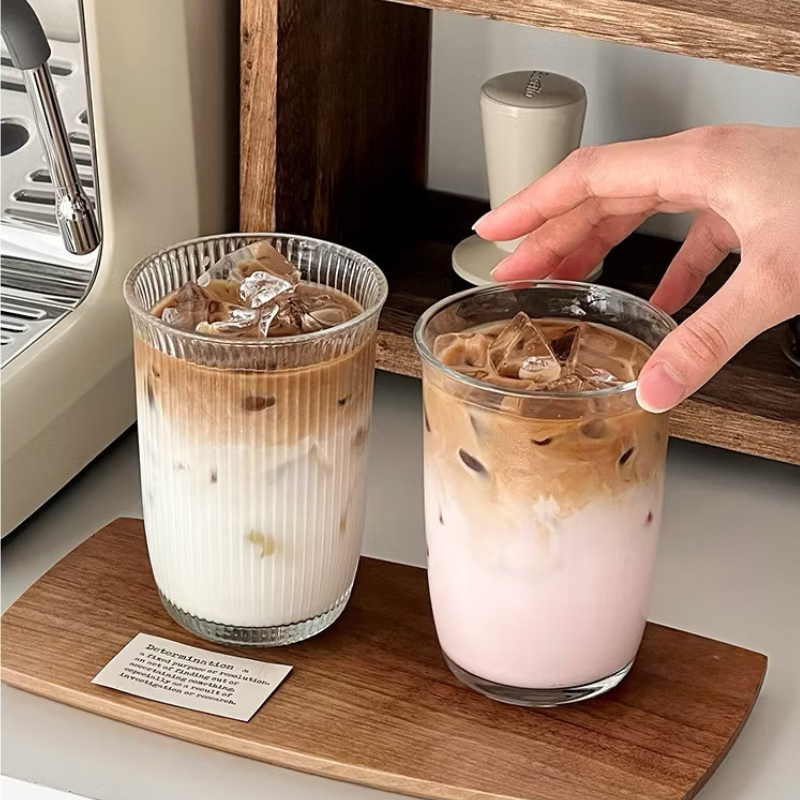 Aesthetic glass cup Fluted ribbed Drinking Glass Mug for Ice Coffee, Matcha Cocktails tea 