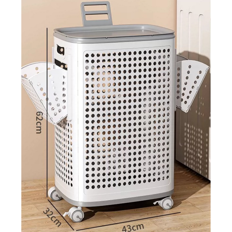 Ventilated Laundry Basket Organizer with Lid & side compartments, with Wheels for Delicates, Bedroom & Laundry Room