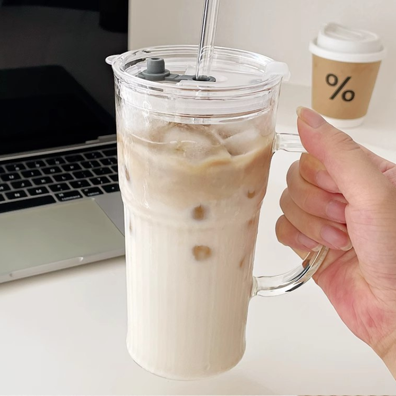 Glass Cup with Straw and lid, minimalist design