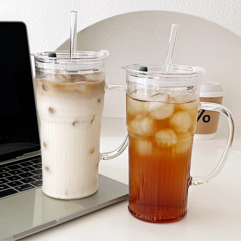 Glass Cup with Straw and lid, minimalist design