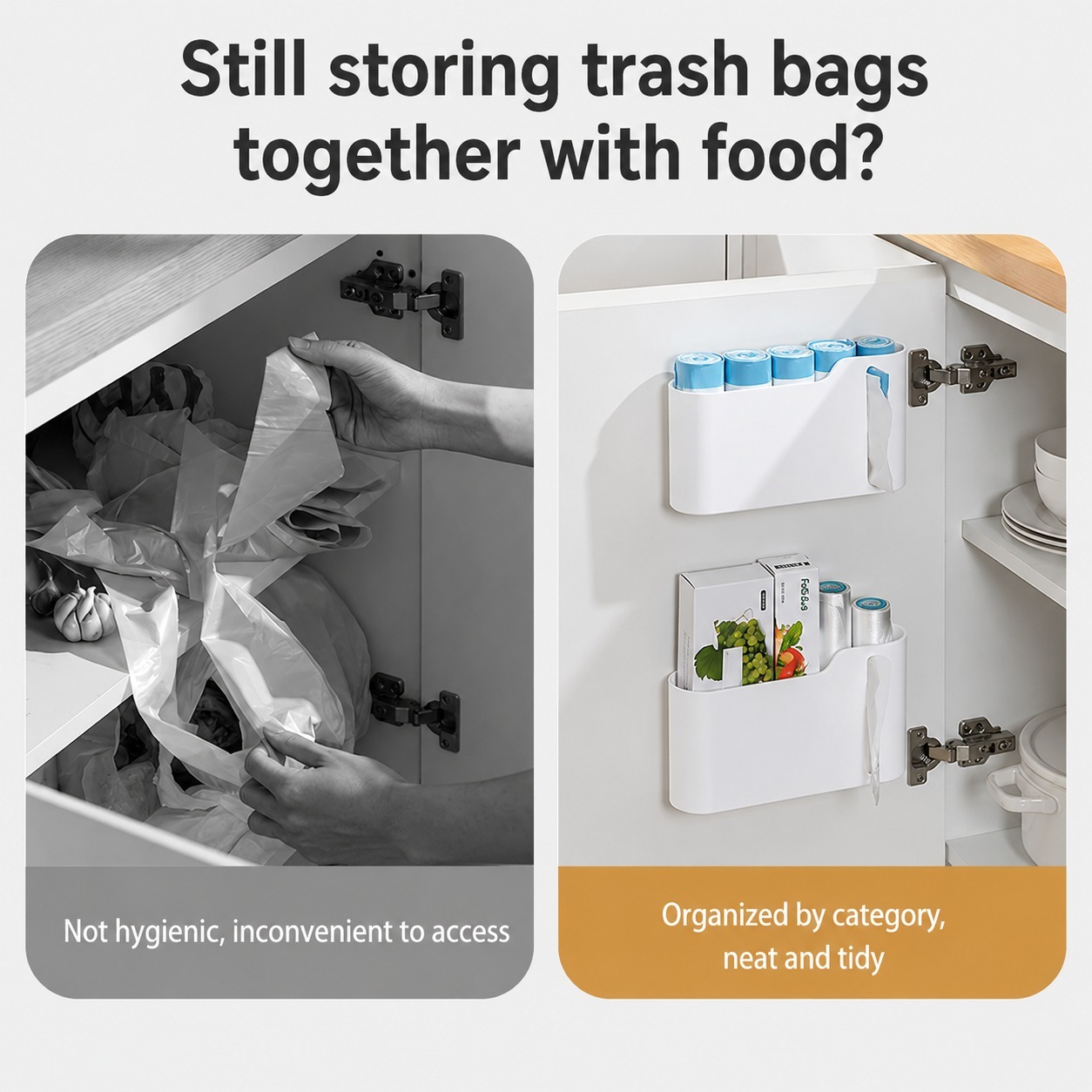 Trash Bag Organizer & Dispenser – Space-Saving Plastic Bag Roll Holder for Kitchen Cabinets, Self-Adhesive Storage Box with Easy-Pull Side Opening