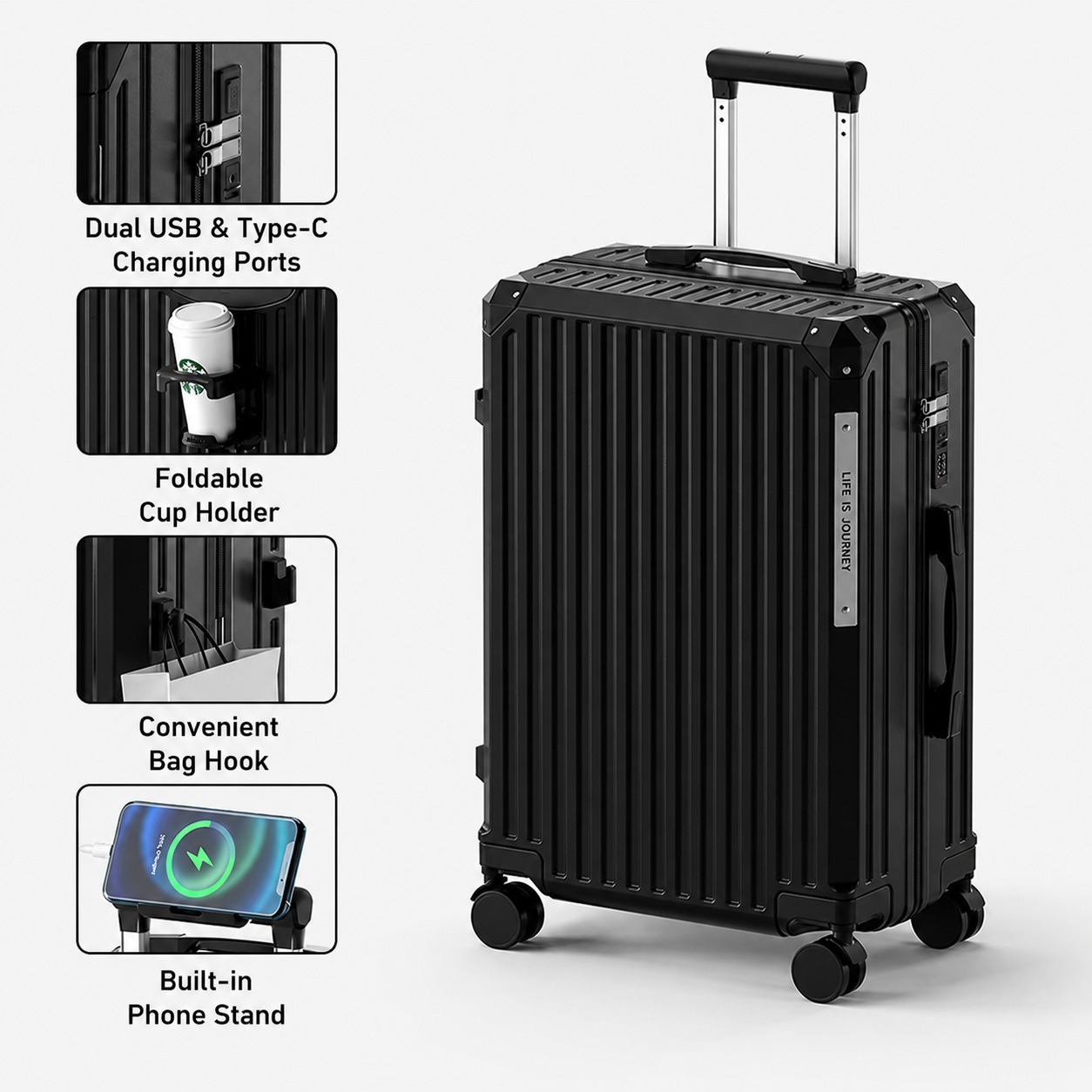 Hard Shell Travel Luggage with TSA Lock, USB & Type-C Charging Port, Cup Holder, Phone Stand, Spinner Wheels Travel Suitcase