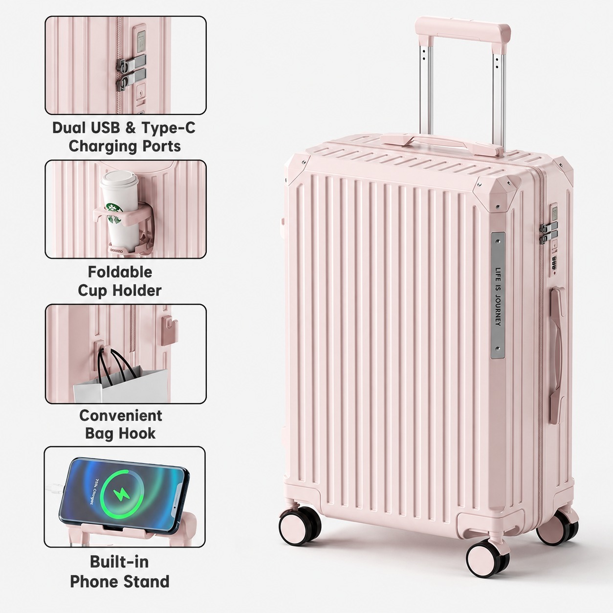 Hard Shell Travel Luggage with TSA Lock, USB & Type-C Charging Port, Cup Holder, Phone Stand, Spinner Wheels Travel Suitcase