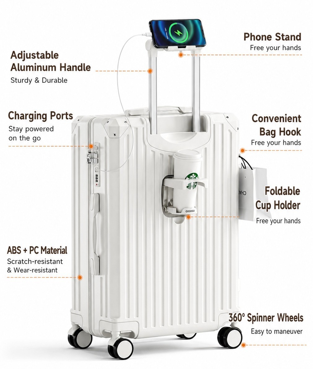 Hard Shell Travel Luggage with TSA Lock, USB & Type-C Charging Port, Cup Holder, Phone Stand, Spinner Wheels Travel Suitcase