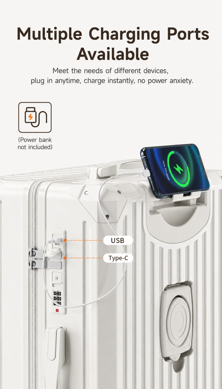 Hard Shell Travel Luggage with TSA Lock, USB & Type-C Charging Port, Cup Holder, Phone Stand, Spinner Wheels Travel Suitcase