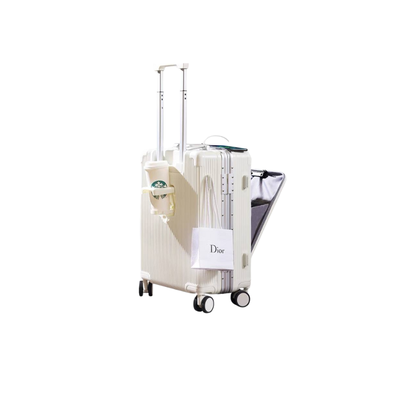 Versatile Travel Aluminum Frame Luggage with USB Charging Port, Front Compartment, Cup holder, TSA Lock, Airline Approved Carry On Hardside Suitcase