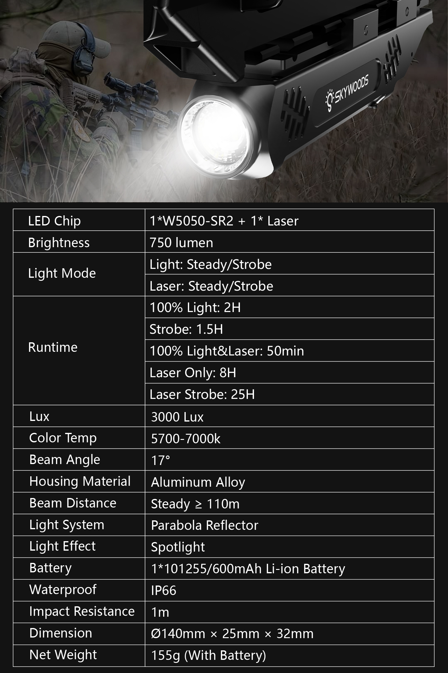 Skywoods - Tactical Rifle Light + Green Laser (750lu) (RL750G)
