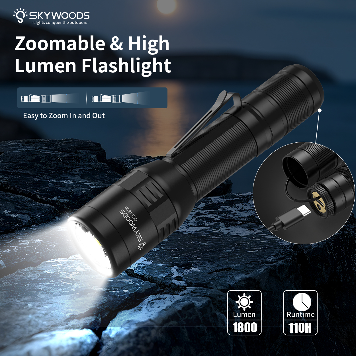 Skywoods - Outdoor Flashlight Zooming (1800lu) (OZL1800)