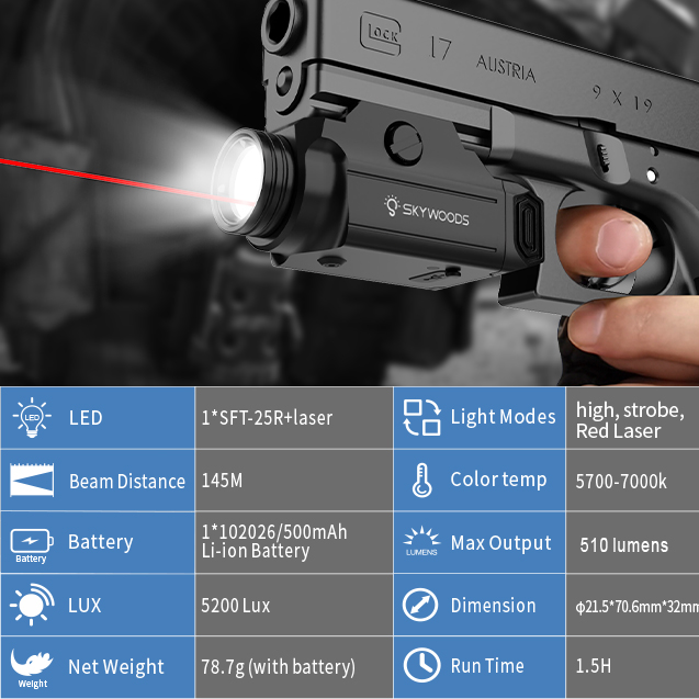 Skywoods - Tactical Pistol Light (510lu) + Red Laser (PL510R)