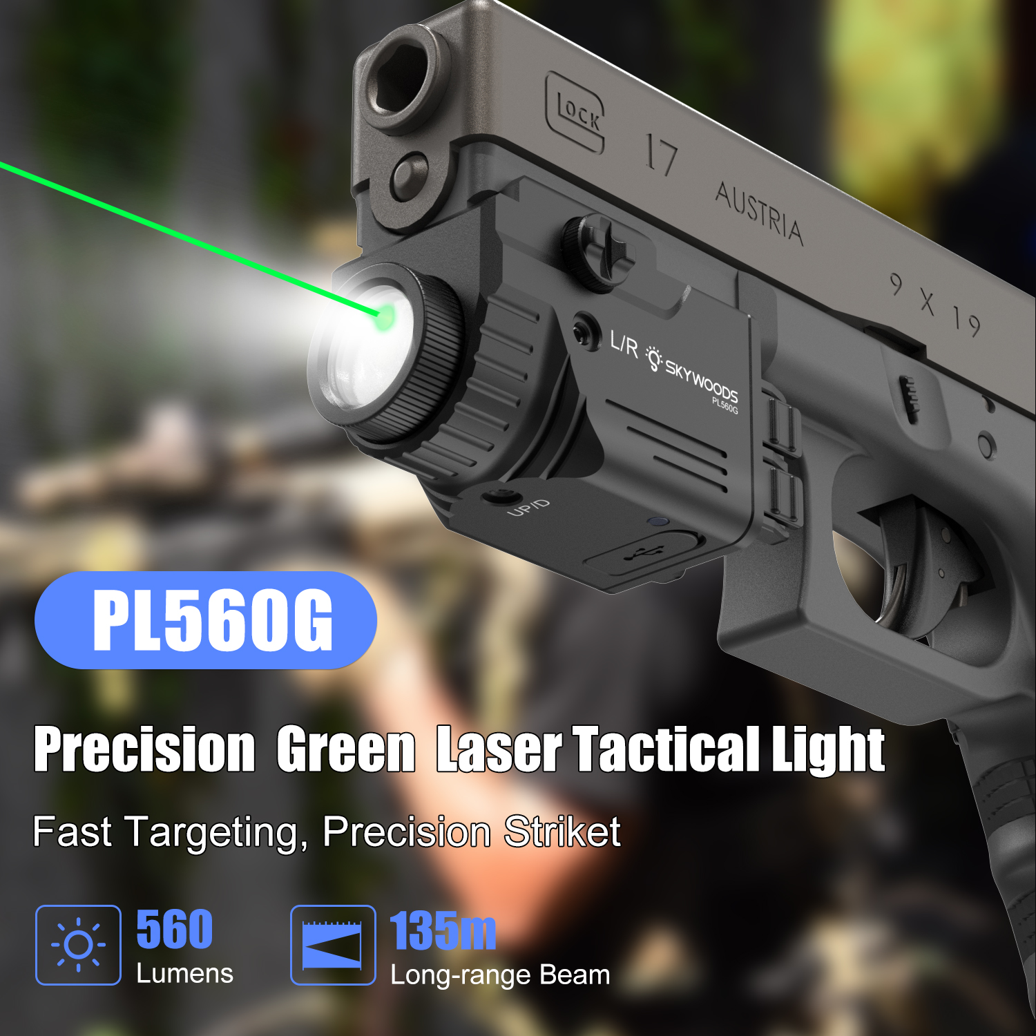 Skywoods - Tactical Pistol Light (560lu) + Green Laser (PL560G)