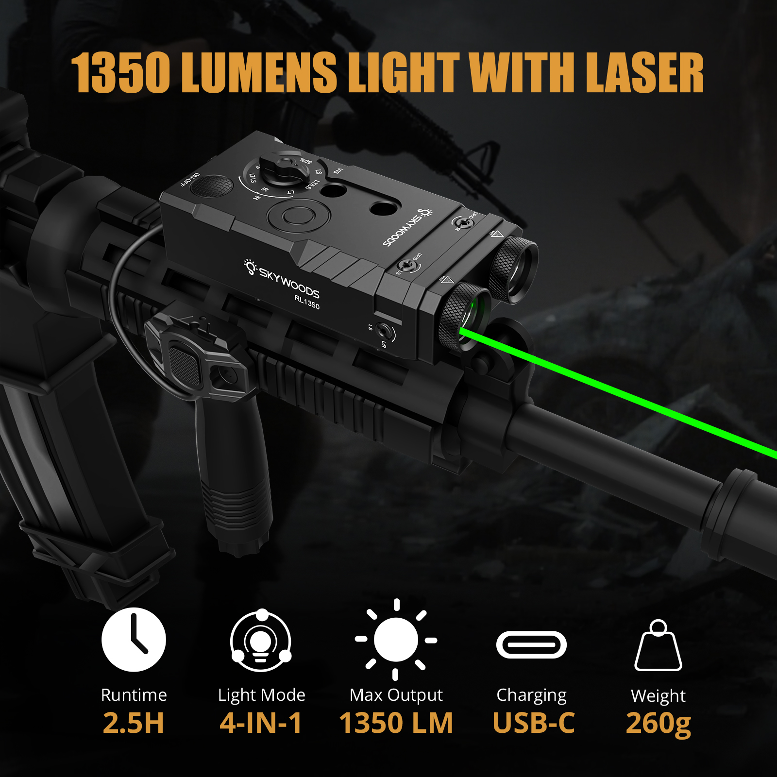 Skywoods - Tactical Rifle Light + Green Laser (1350lu) (RL1350)