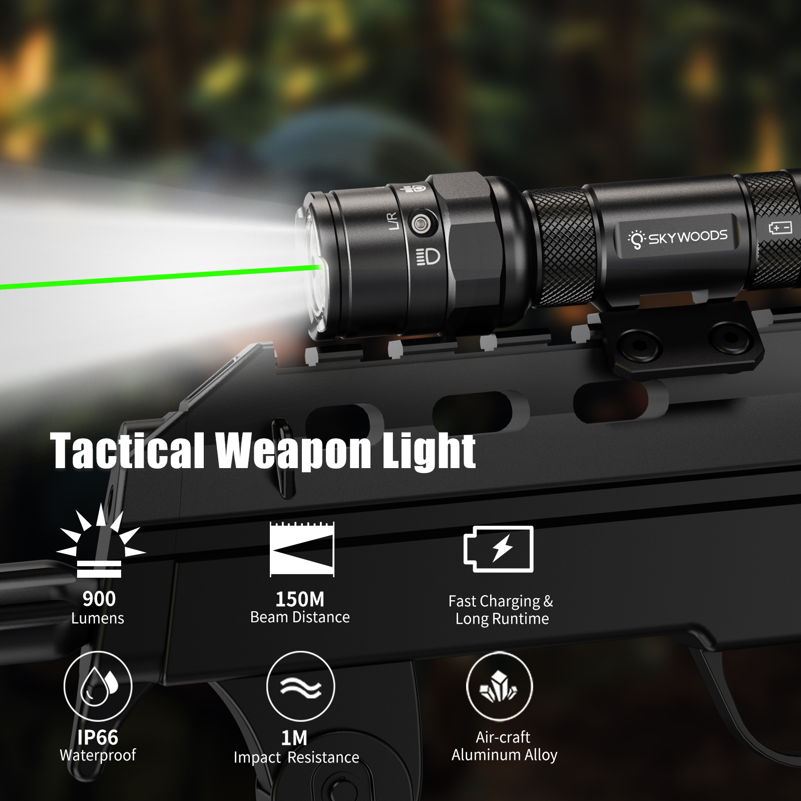 Skywoods - Tactical Rifle Light + Green Laser (900lu) (RL900G)