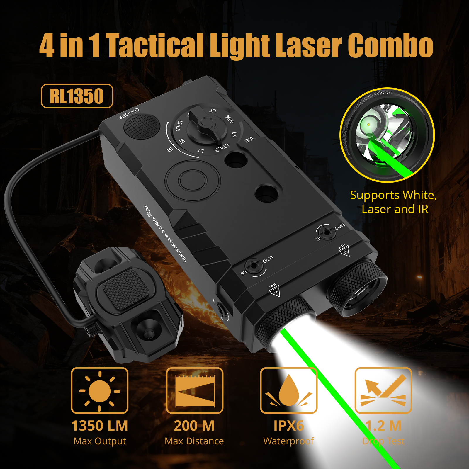 Skywoods - Tactical Rifle Light + Green Laser (1350lu) (RL1350)