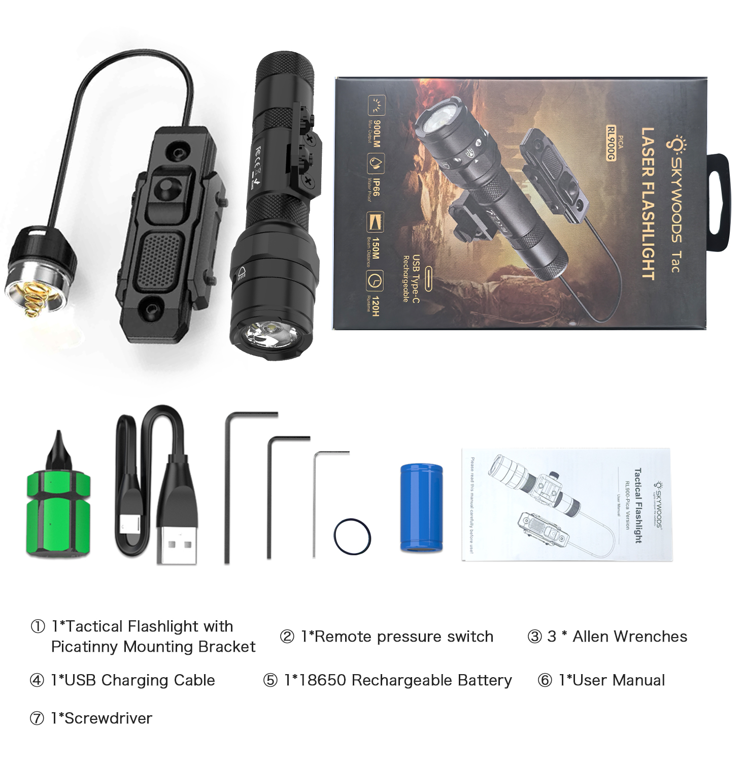 Skywoods - Tactical Rifle Light + Green Laser (900lu) (RL900G)