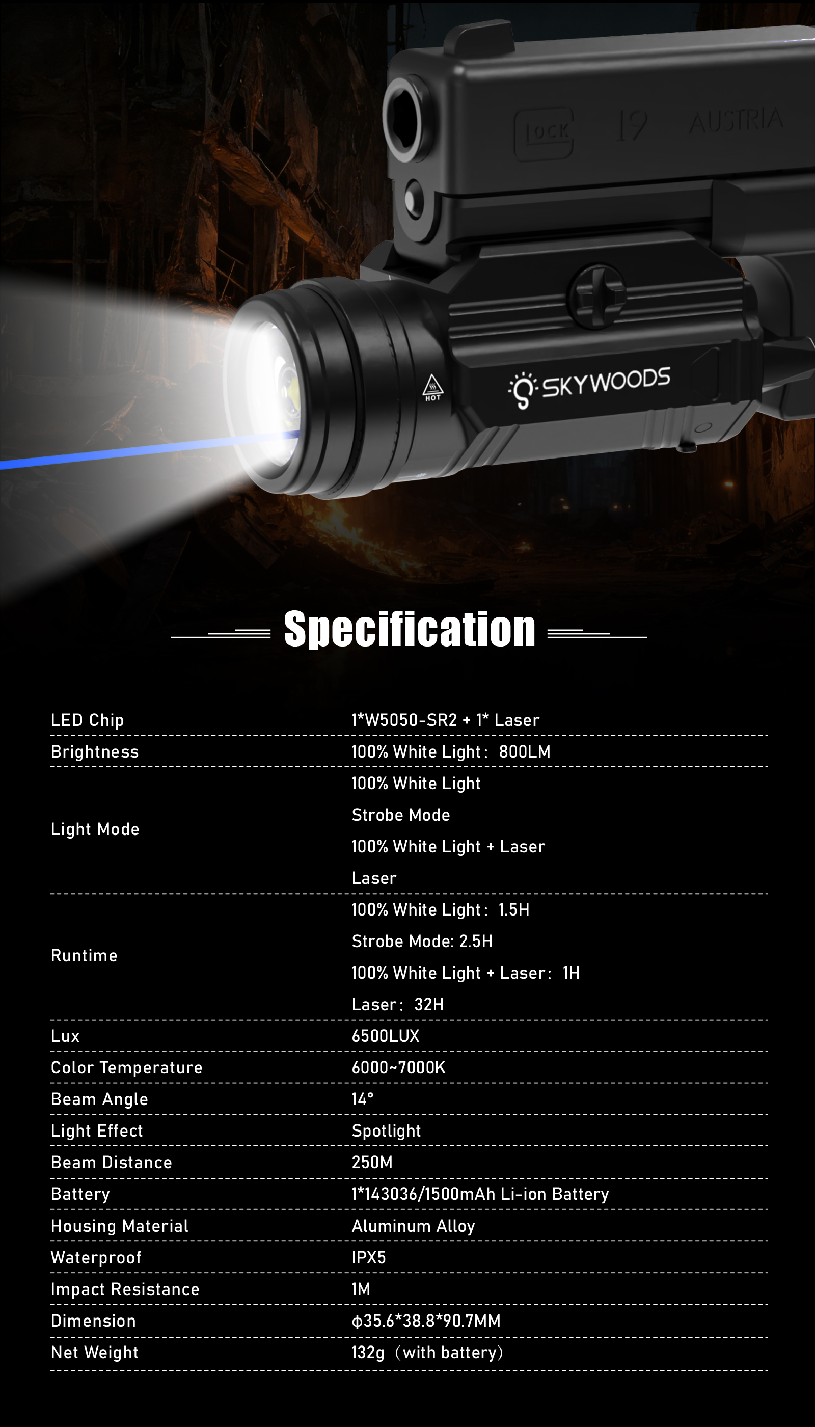 Skywoods - Tactical Pistol Light + Green Laser (800lu) (PL800)