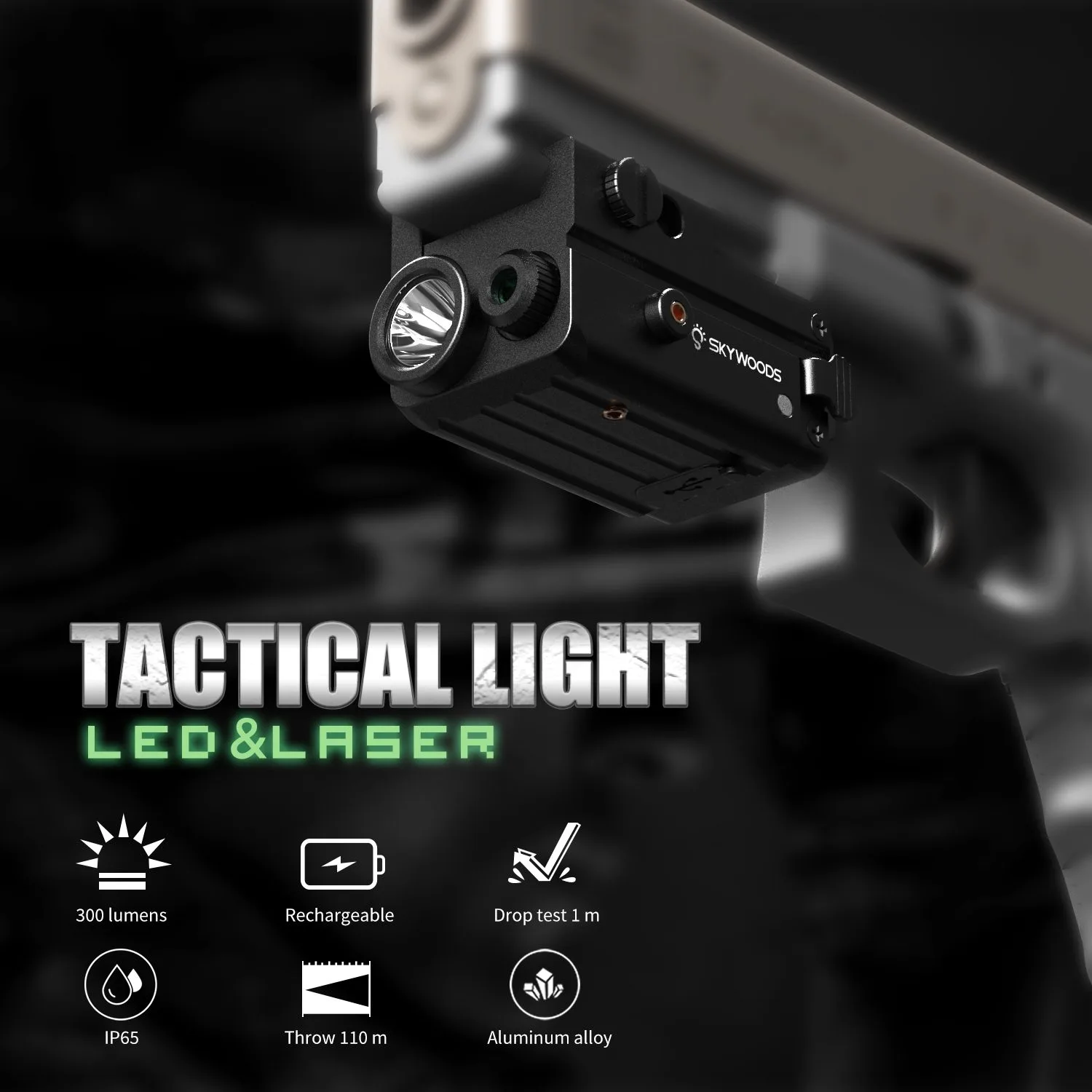 Skywoods - Tactical Pistol Light (300lu) + Green Laser (PL300G)