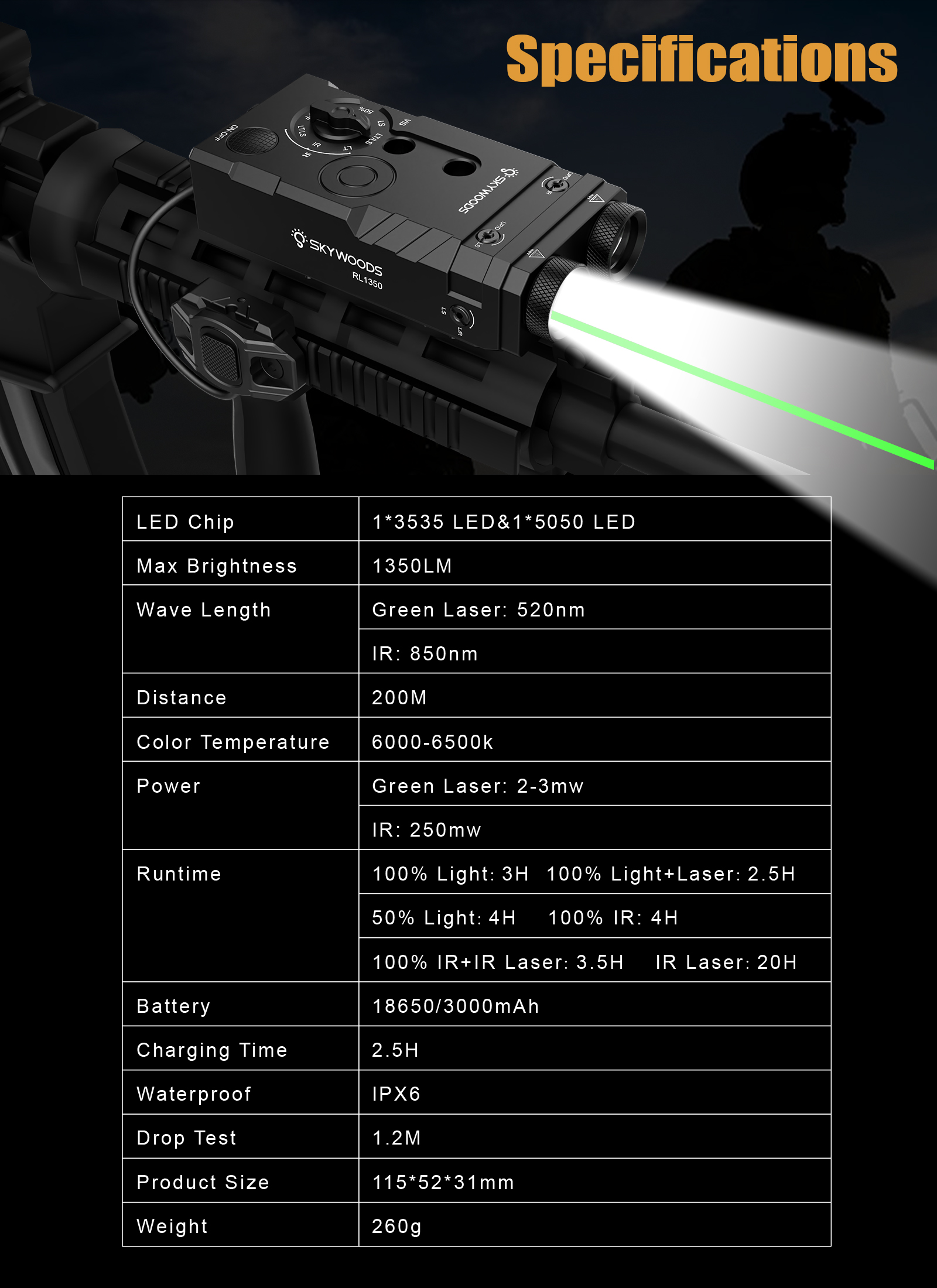 Skywoods - Tactical Rifle Light + Green Laser (1350lu) (RL1350)