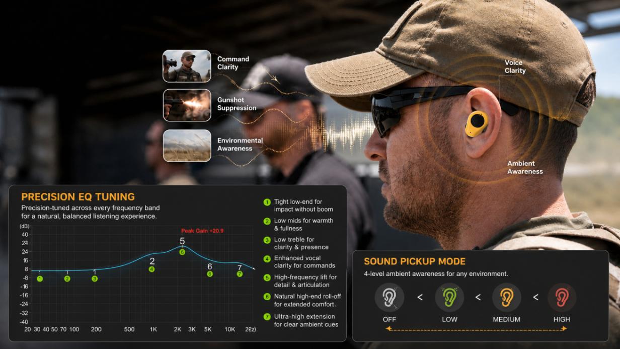 Precision EQ tuning - 4-level environmental listening system